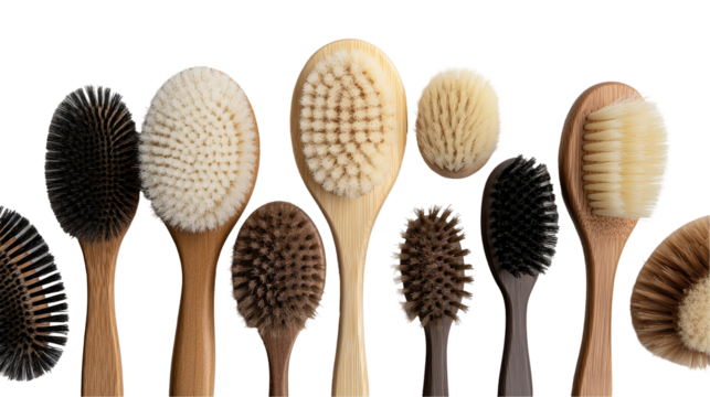 Various hairbrushes arranged in a row showcasing different styles and materials. transparent background