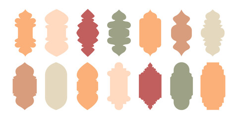 Set shape Islamic door and window silhouette in oriental style. Arabic arch, Muslim architecture design elements, Ramadan frames. Vector boho colors illustration