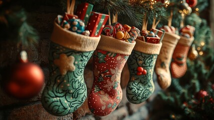 Fototapeta premium Festive christmas stockings filled with treats cozy living room holiday decoration warm atmosphere indoor view