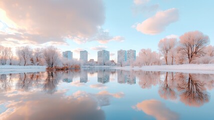 Winter landscape with frosty trees and a calm river reflecting clouds and buildings.