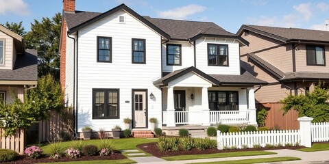 Fototapeta premium Suburban home with a modern farmhouse vibe, featuring a white exterior and black trim, neighborhood, suburban