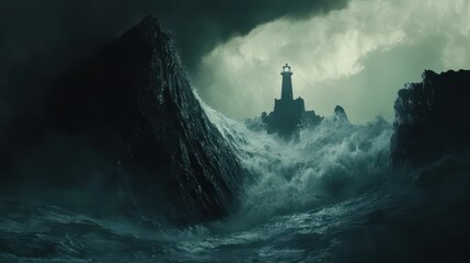 Fototapeta premium Lighthouse Amidst a Tempestuous Sea: A Dramatic Seascape of Coastal Rocks and Raging Waves