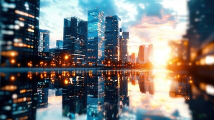 Urban skyline at sunset with reflections on water.