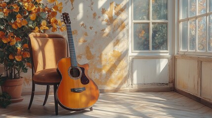 Acoustic Guitar Resting on Vintage Chair in Sunlit Room with Autumn Leaves, Evoking Warmth, Creativity, and Inspiration for Music Lovers and Artists