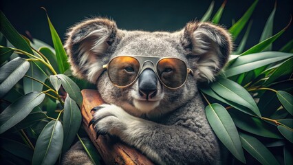 Obraz premium A Cool Koala in Sunglasses Rests on a Branch Amidst Lush Green Foliage