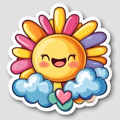 Naklejka premium Cute cartoon sun with clouds and a heart.