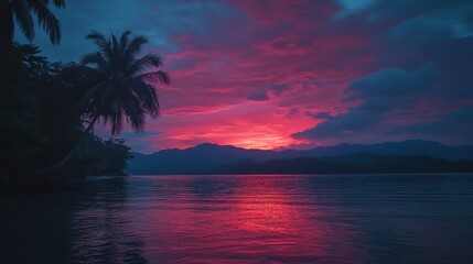 Vibrant sunset over calm tropical waters, silhouetted palm trees and distant mountains.