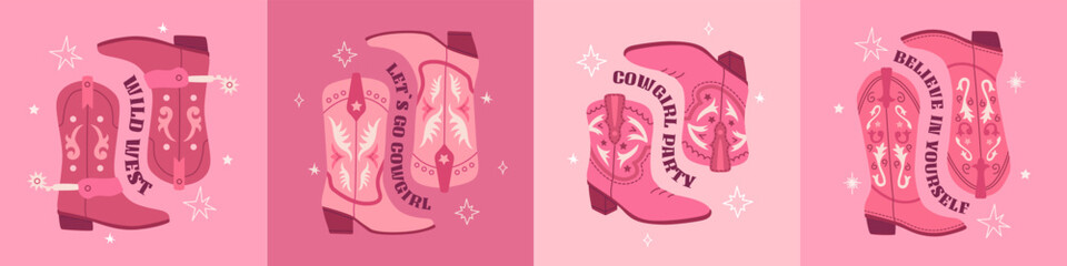 Set pink cowgirl boots with ornament. Trendy phrase print, party poster Cowboy western and wild west theme. Hand drawn vector illustration