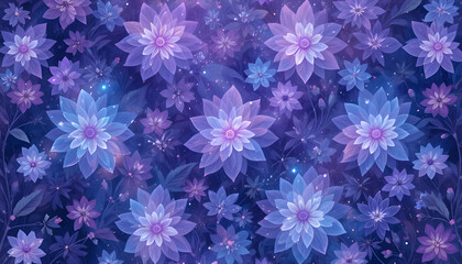 An intricate floral pattern showcasing layers of blue and purple flowers with translucent petals. Complemented by a soft, ethereal background