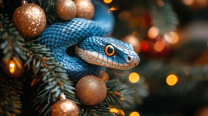 Fototapeta premium Close-Up of a Colorful Blue Snake Nestled Among Christmas Ornaments on a Christmas Tree with Warm Bokeh Lights in the Background for Seasonal Imagery