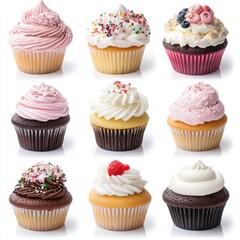 Colorful Assorted Cupcakes on White Background for Dessert Lovers