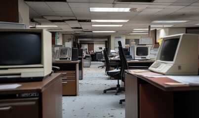 Abandoned Office Space with Old Computers and Desks