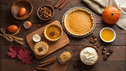 Fototapeta premium Autumn Pumpkin Pie Baking Flatlay Ingredients and Pies, Top View, Rustic Wooden Background, Fall Flavors Pumpkin Pie, Thanksgiving