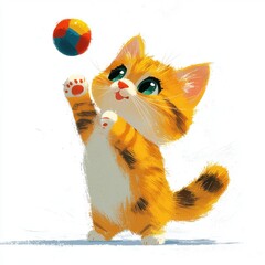 Obraz premium Playful Orange Kitten Bouncing Colorful Ball in Bright Background