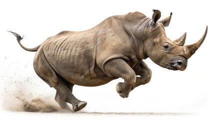 Naklejka premium Charging White Rhino Dynamic Composition, Isolated Image, Wildlife Power, Rhino, Africa Rhino, Wildlife photography