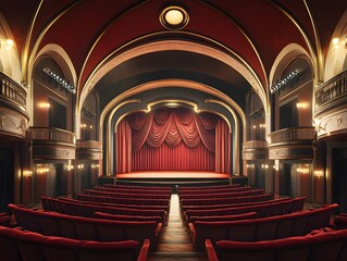 Obraz premium Refined theater hall with deep red seating, arched ceilings, and curtain-backlit stages. Perfect for drama and musical acts.