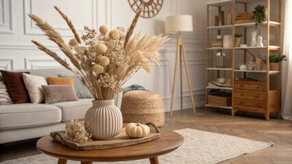 Dried Pampas Grass and Pumpkin Autumnal Living Room Decor, Interior Design, Home Decor, Fall Decor