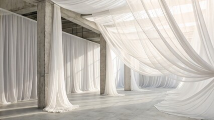 Obraz premium Draped White Sheer Curtains in Concrete Loft, Minimalist Interior Design, Architectural Photography, Light and Shadow, Fabric Texture. , Minimalism , Interior Design