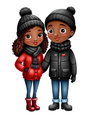 black cartoon lovers celebrating valentine in winter clipart