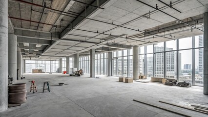 Obraz premium Empty Concrete Office Space High Ceiling, Wide Windows, Urban View, Construction, Modern Architecture, Industrial Design Construction, Office Space