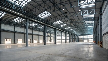 Empty Industrial Warehouse Interior High Bay Steel Structure, Concrete Floor, Large Windows, Skylights. Warehouse, Industrial Design