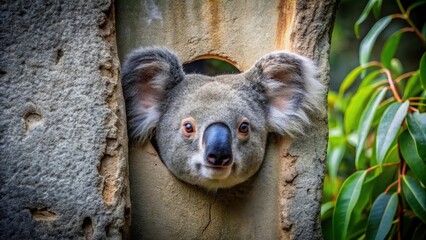 A Curious Koala Peeking Through a Tree Trunk Hole in a Lush Green Habitat