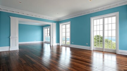 Obraz premium Empty Room with Teal Walls, Hardwood Floor, and White Molding, Interior Design, Home Decor Interior Design, Real Estate
