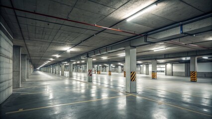 Empty Underground Parking Garage Concrete Architecture, Wide Shot, Industrial Design, Parking Space, Fluorescent Lighting Parking lot, Concrete structure