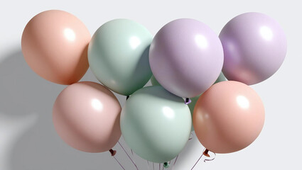 A cluster of pastel-colored balloons, including shades of pink, purple, cream, and mint, floating against a light gray background