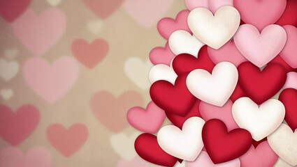 A colorful pattern of overlapping hearts in shades of red, pink, and white, creating a lively and romantic design.