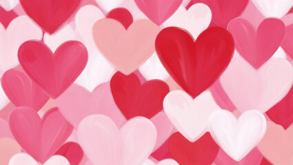 A colorful pattern of overlapping hearts in shades of red, pink, and white, creating a lively and romantic design.