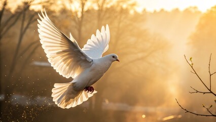 Obraz premium Golden Hour Dove Wings Spread, Backlit Flight, Peace Symbol, Nature Photography Dove, Peace, Photography