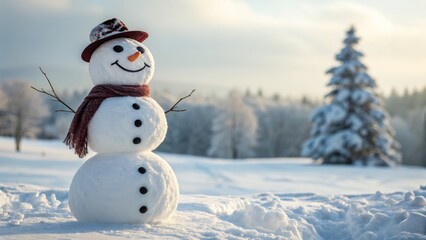 Obraz premium Joyful Snowman in Winter Wonderland Close-up Composition, Snowy Landscape, Festive Concept, Winter, Snow, Snowman, Holiday Snowman