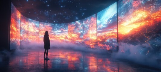 Futuristic Cyberpunk Scene with Neon Lights and Curved Screens Displaying Vibrant Landscapes