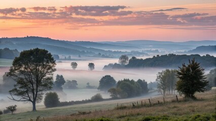 Misty Sunrise Valley Landscape Photography Wide Composition, Soft Pastel Colors, Serene Atmosphere Landscape Photography, Sunrise