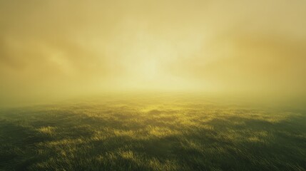 Fototapeta premium A serene, foggy landscape with a golden glow and gentle waves in the foreground.
