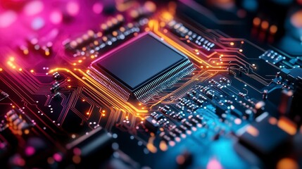 Obraz premium Close-up view of a microchip on a circuit board with vibrant lighting effects showcasing technology