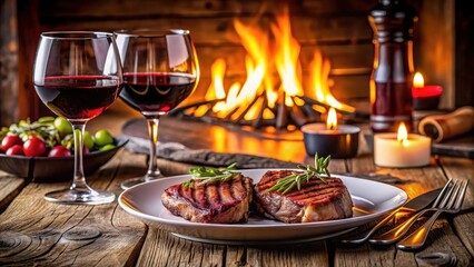 Fototapeta premium A romantic dinner setup with two plates of grilled steaks and a glass of red wine on a wooden table in a cozy restaurant , candlelight, ambiance