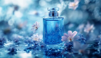 Blue perfume bottle with flowers.