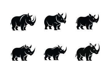 Indian Rhinoceros (Rhinoceros unicornis) mammal animal, labeled silhouette vector art illustration.