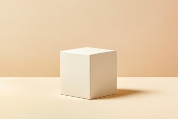 Photo of a blank cardboard box mockup on a beige background, The cube is empty for branding or packaging design use. 