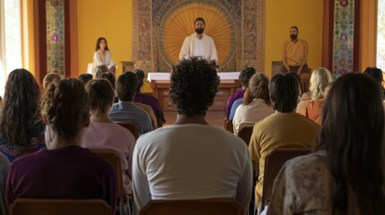 Obraz premium A group of people attentively listening to a speaker in a serene, colorful setting, suggesting a spiritual or meditation session.