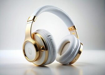 Elegant White & Gold Over-Ear Headphones on White Background - Stock Photo