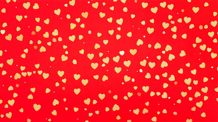 Red Background with lots of small Golden Blurred Bokeh Effect Hearts.