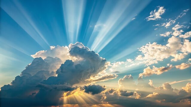 Sun Rays Breaking Through Cloudscape Dramatic Sunset Composition, Blue Sky, Cumulus Clouds, Golden Light, Nature Photography Sun rays, crepuscular rays, light rays