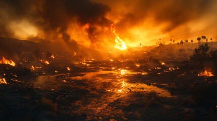 Naklejka premium A fire is burning in a field with a lot of smoke and fire