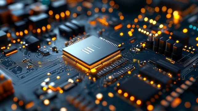 Close-up view of a modern microprocessor on a circuit board with glowing connections