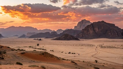 Naklejka premium Wadi Rum Sunset Landscape Dramatic Sky, Desert Composition, Tire Tracks, Wanderer, Jordan Desert Landscape, Wadi Rum