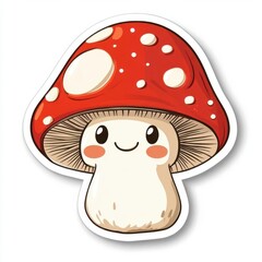 Cute cartoon red mushroom with white dots and a happy face.