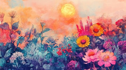 Sunset Serenade A Watercolor Garden of Blooming Flowers under the Golden Sun